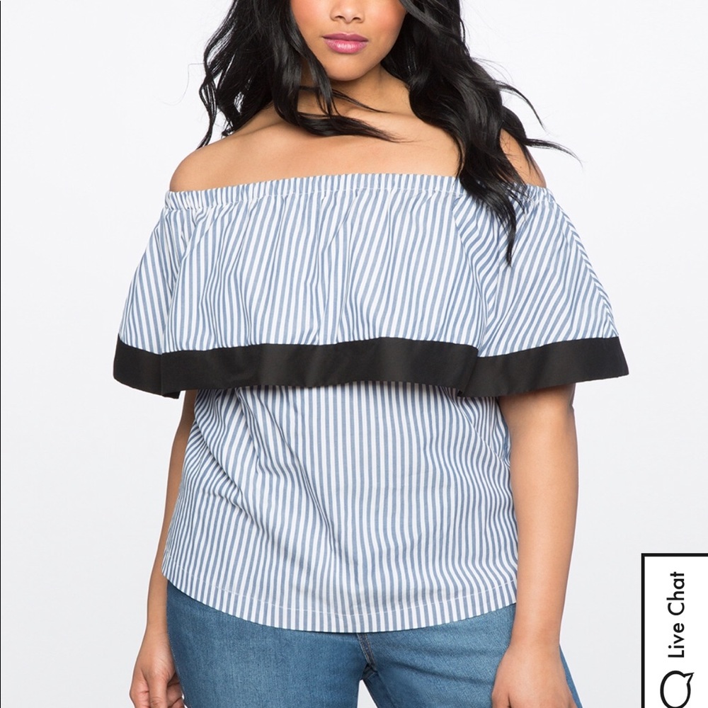 Eloquii Pinstripe Off the Shoulder Flounce Top